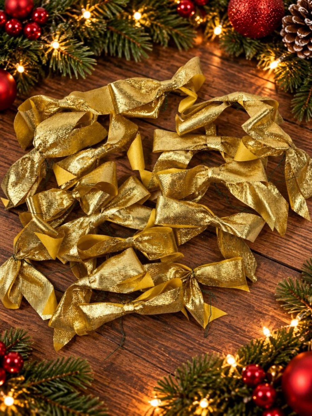 Homemade Gold Shiny Bow Craft Decorations Wire Edged Christmas Ribbon Set of 16